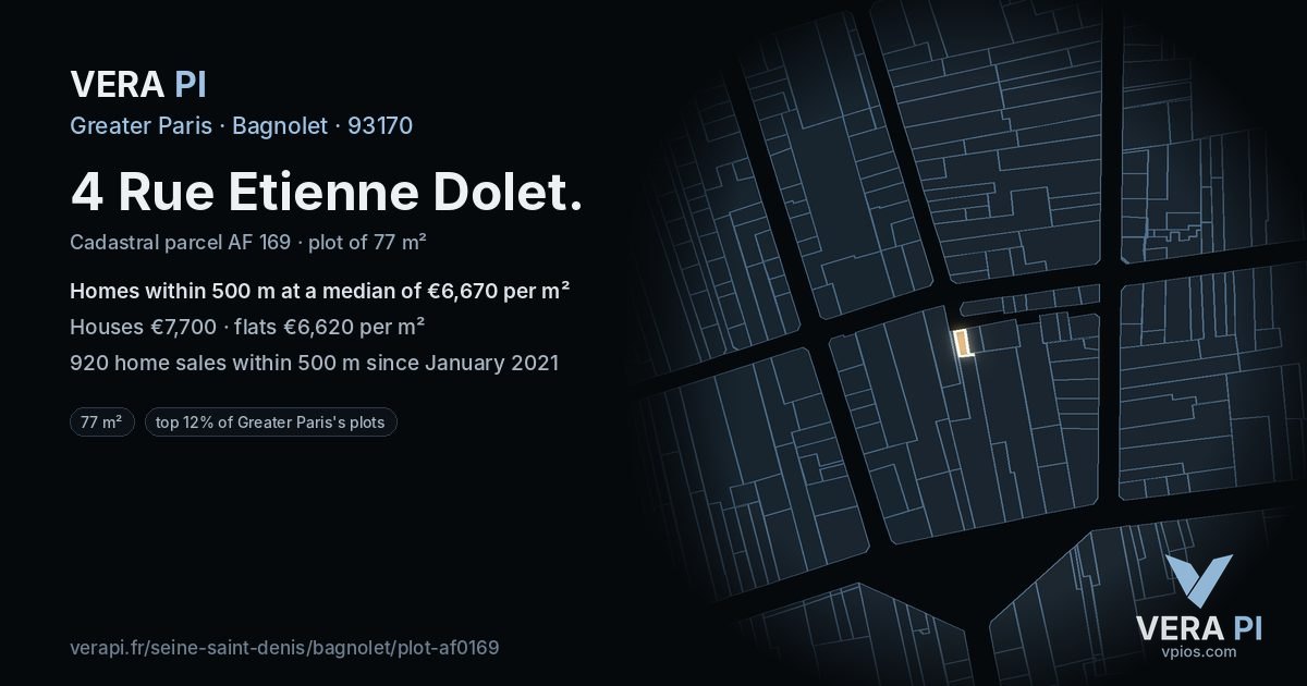 4 Rue Etienne Dolet, Bagnolet at night – the plot lit, the parcels around coloured by the prices near them