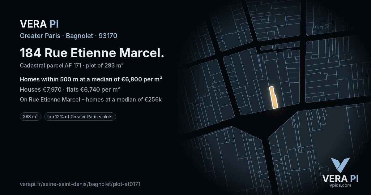 184 Rue Etienne Marcel, Bagnolet at night – the plot lit, the parcels around coloured by the prices near them