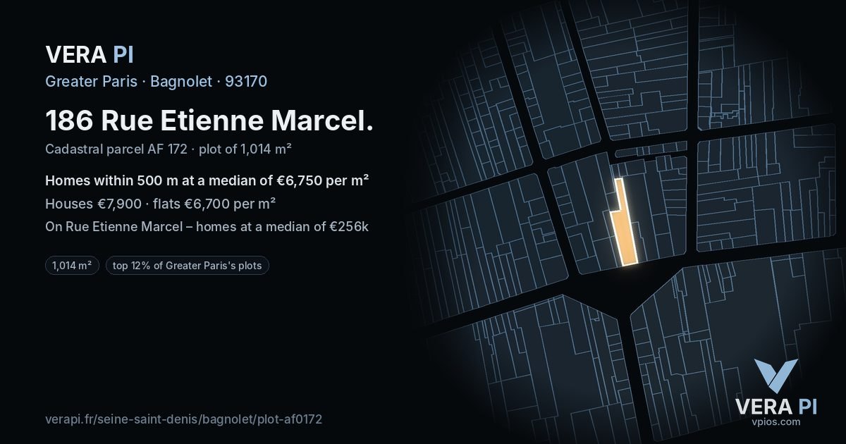 186 Rue Etienne Marcel, Bagnolet at night – the plot lit, the parcels around coloured by the prices near them