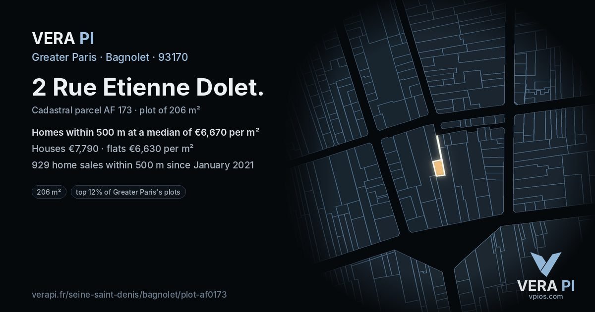 2 Rue Etienne Dolet, Bagnolet at night – the plot lit, the parcels around coloured by the prices near them