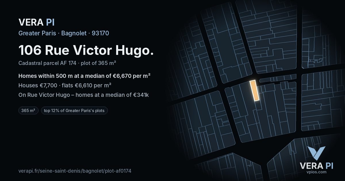 106 Rue Victor Hugo, Bagnolet at night – the plot lit, the parcels around coloured by the prices near them