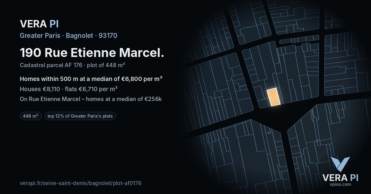 190 Rue Etienne Marcel, Bagnolet at night – the plot lit, the parcels around coloured by the prices near them