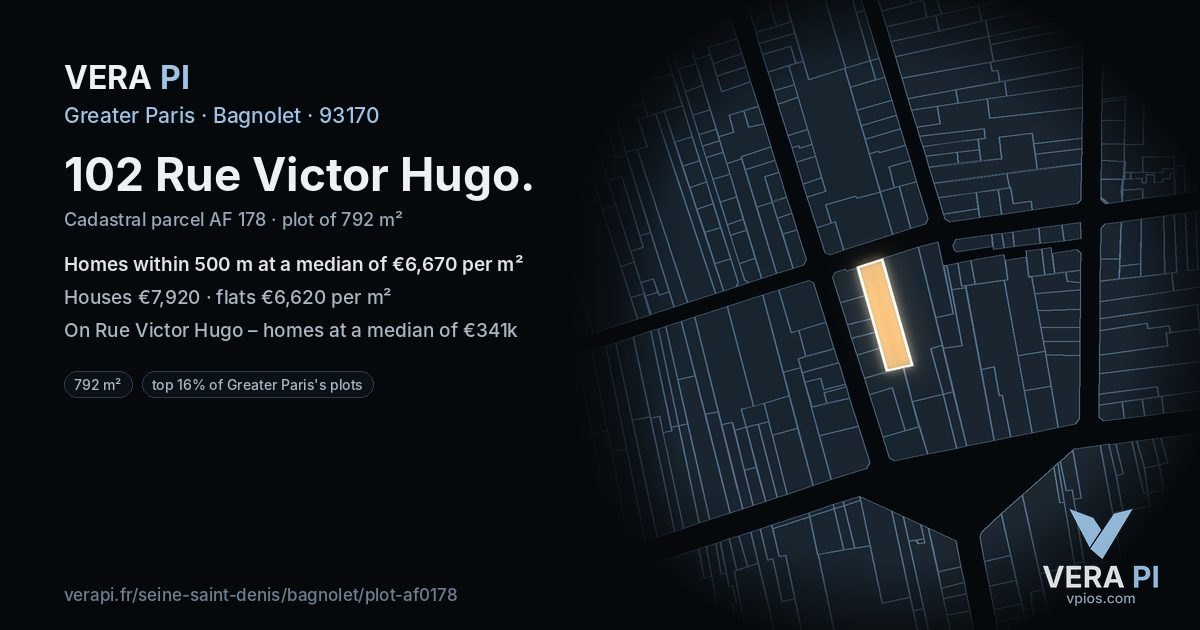 102 Rue Victor Hugo, Bagnolet at night – the plot lit, the parcels around coloured by the prices near them