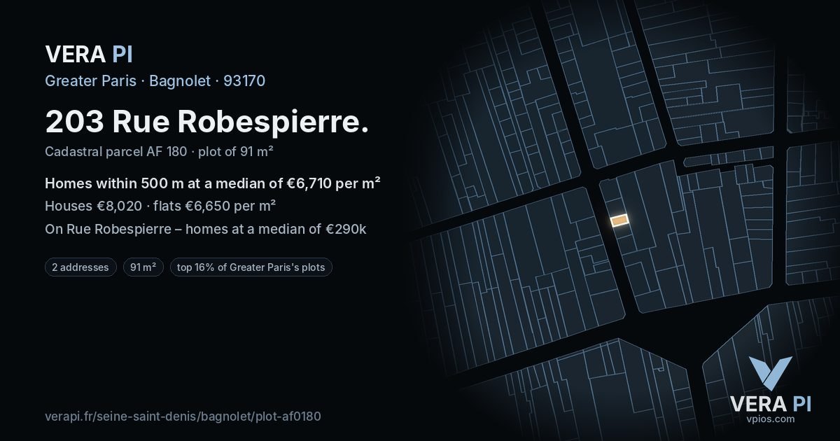 203 Rue Robespierre, Bagnolet at night – the plot lit, the parcels around coloured by the prices near them
