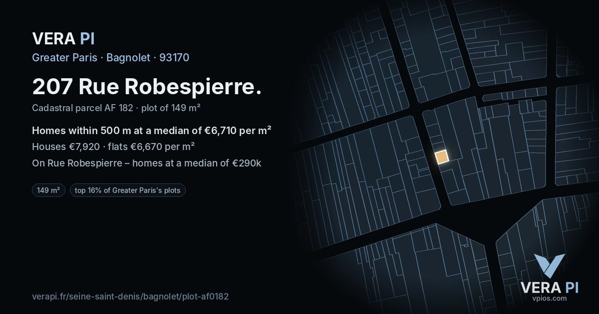 207 Rue Robespierre, Bagnolet at night – the plot lit, the parcels around coloured by the prices near them