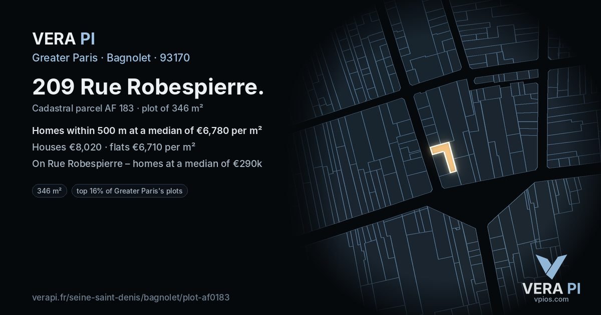 209 Rue Robespierre, Bagnolet at night – the plot lit, the parcels around coloured by the prices near them