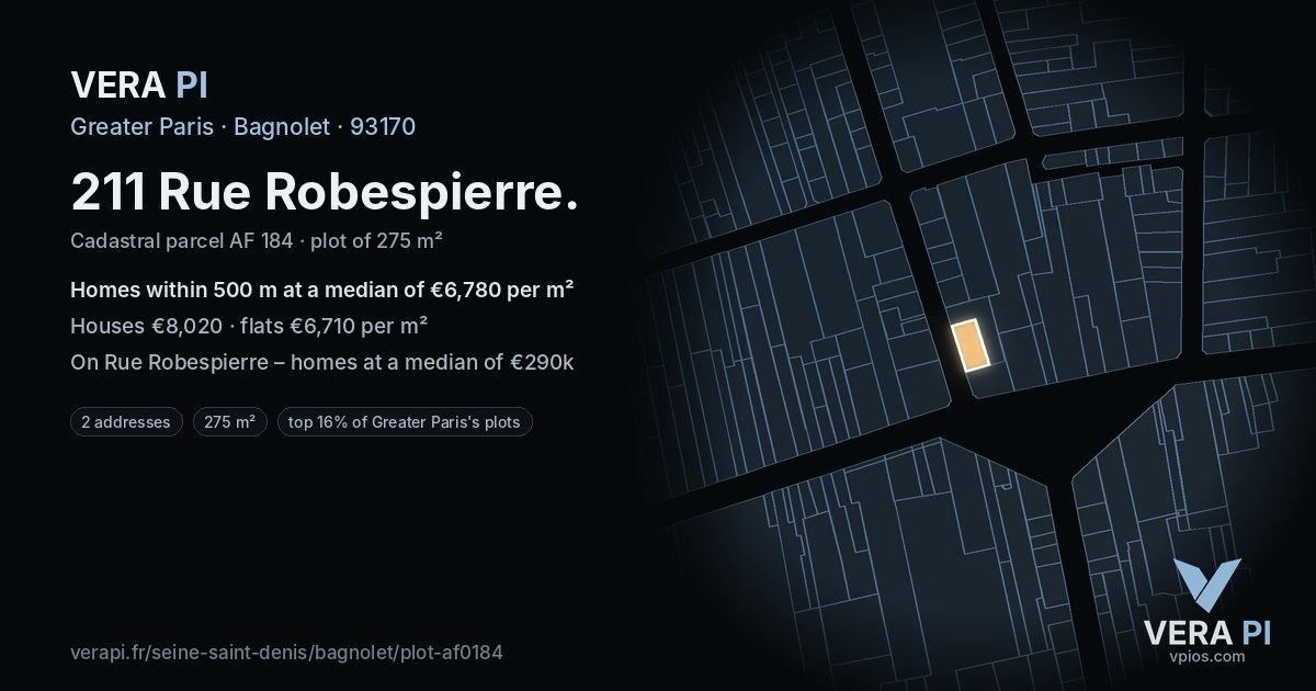 211 Rue Robespierre, Bagnolet at night – the plot lit, the parcels around coloured by the prices near them