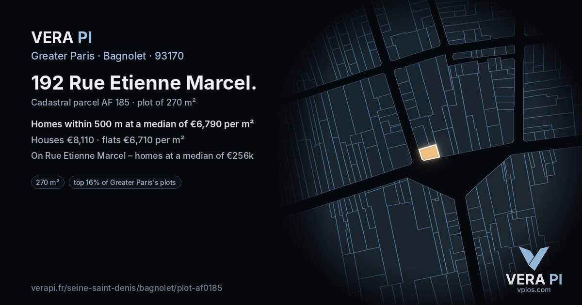192 Rue Etienne Marcel, Bagnolet at night – the plot lit, the parcels around coloured by the prices near them