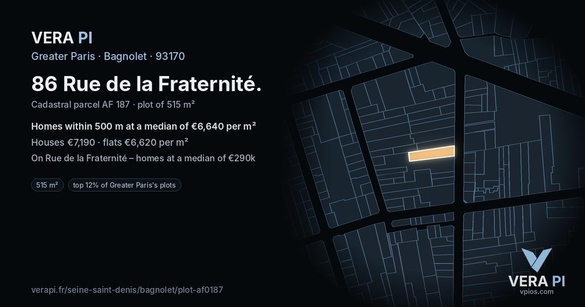 86 Rue de la Fraternité, Bagnolet at night – the plot lit, the parcels around coloured by the prices near them
