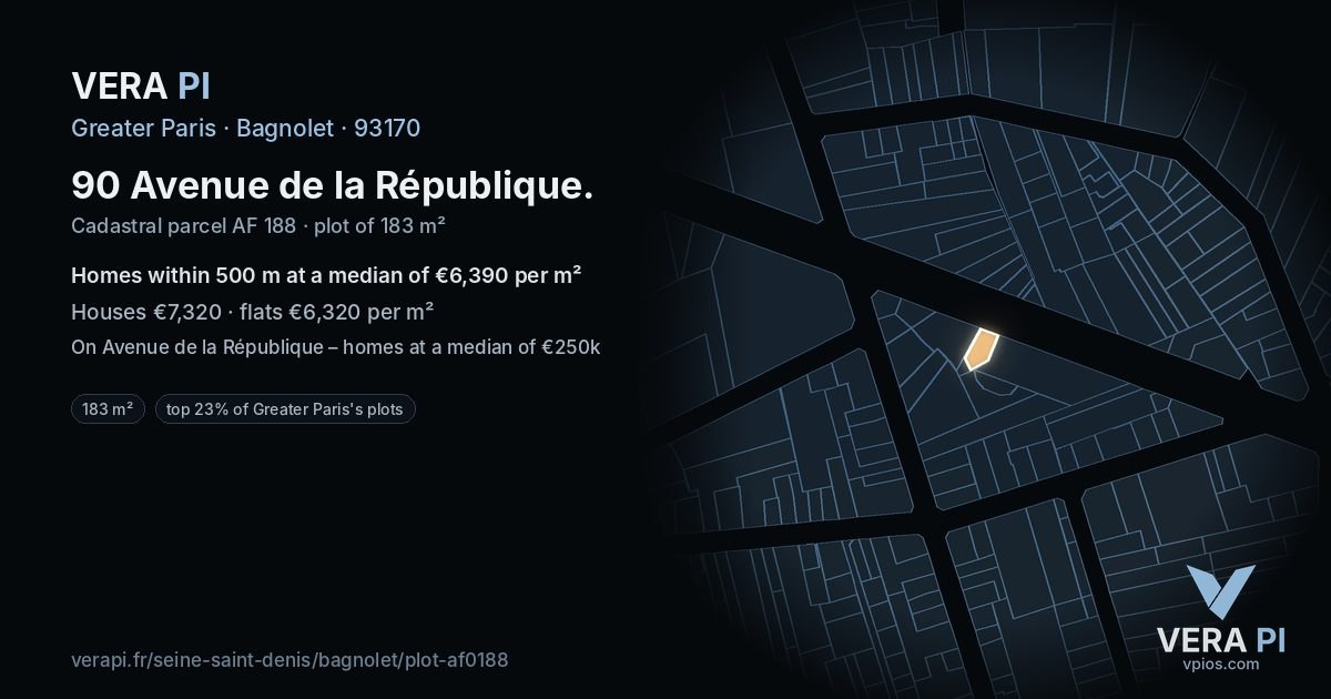 90 Avenue de la République, Bagnolet at night – the plot lit, the parcels around coloured by the prices near them