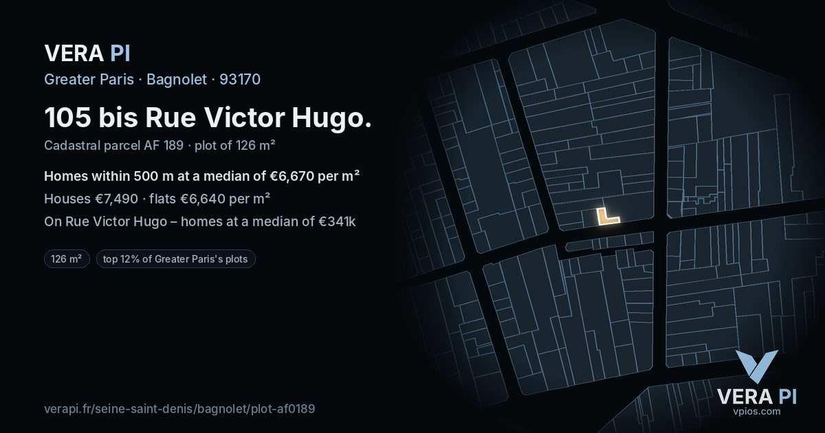 105 bis Rue Victor Hugo, Bagnolet at night – the plot lit, the parcels around coloured by the prices near them