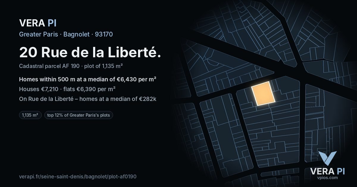 20 Rue de la Liberté, Bagnolet at night – the plot lit, the parcels around coloured by the prices near them