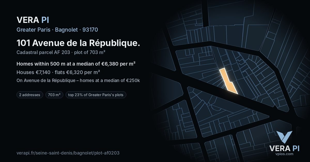 101 Avenue de la République, Bagnolet at night – the plot lit, the parcels around coloured by the prices near them