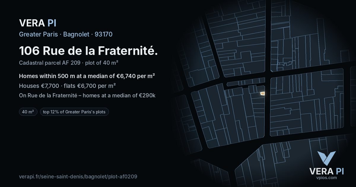 106 Rue de la Fraternité, Bagnolet at night – the plot lit, the parcels around coloured by the prices near them