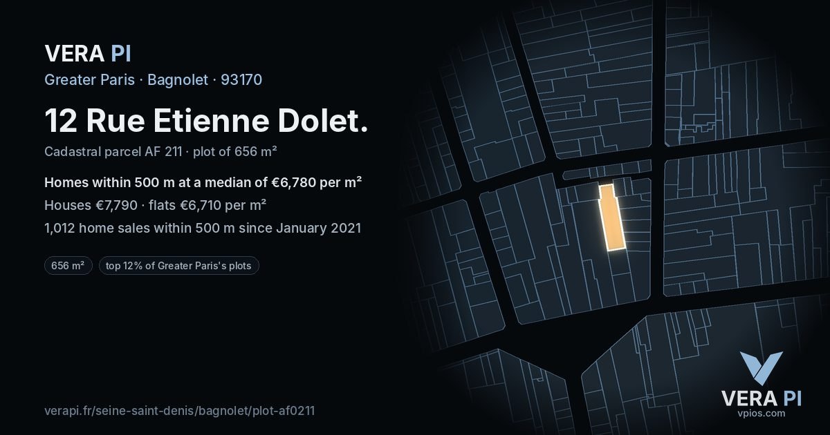 12 Rue Etienne Dolet, Bagnolet at night – the plot lit, the parcels around coloured by the prices near them