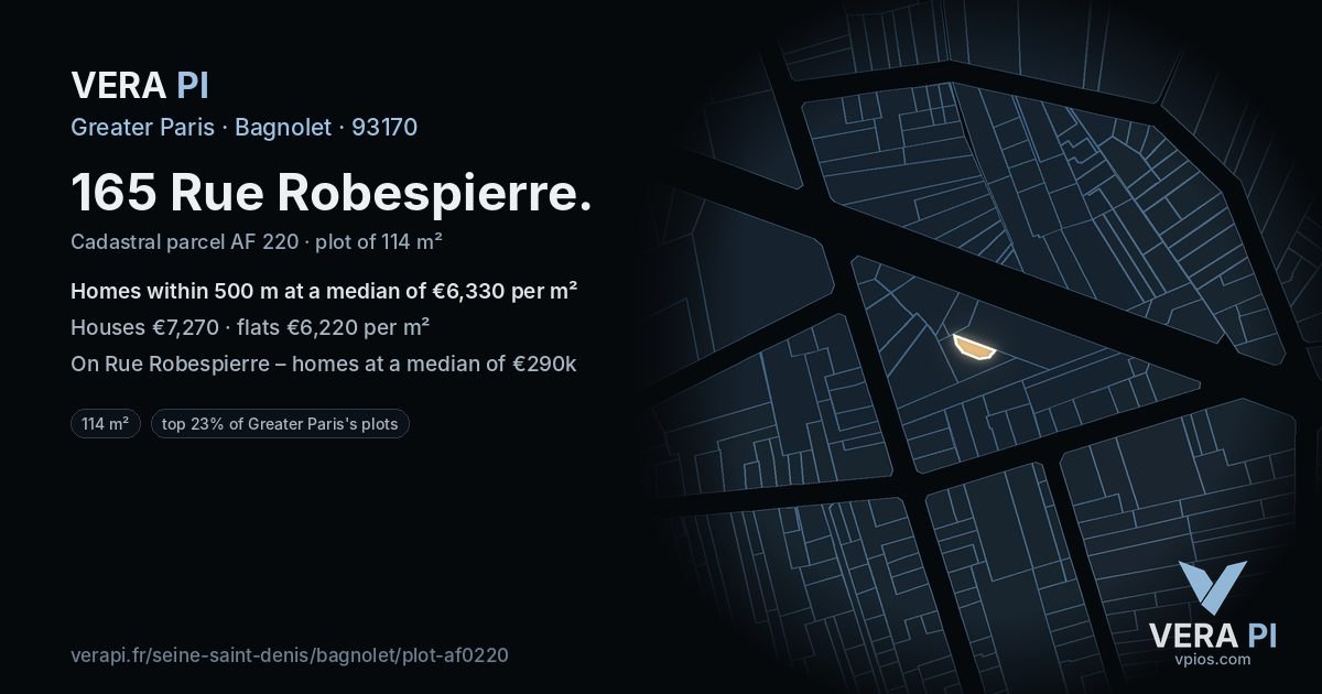 165 Rue Robespierre, Bagnolet at night – the plot lit, the parcels around coloured by the prices near them