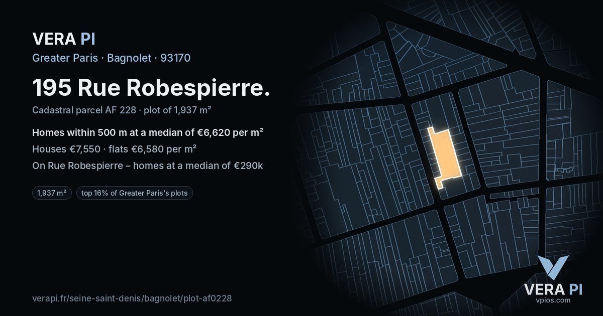 195 Rue Robespierre, Bagnolet at night – the plot lit, the parcels around coloured by the prices near them