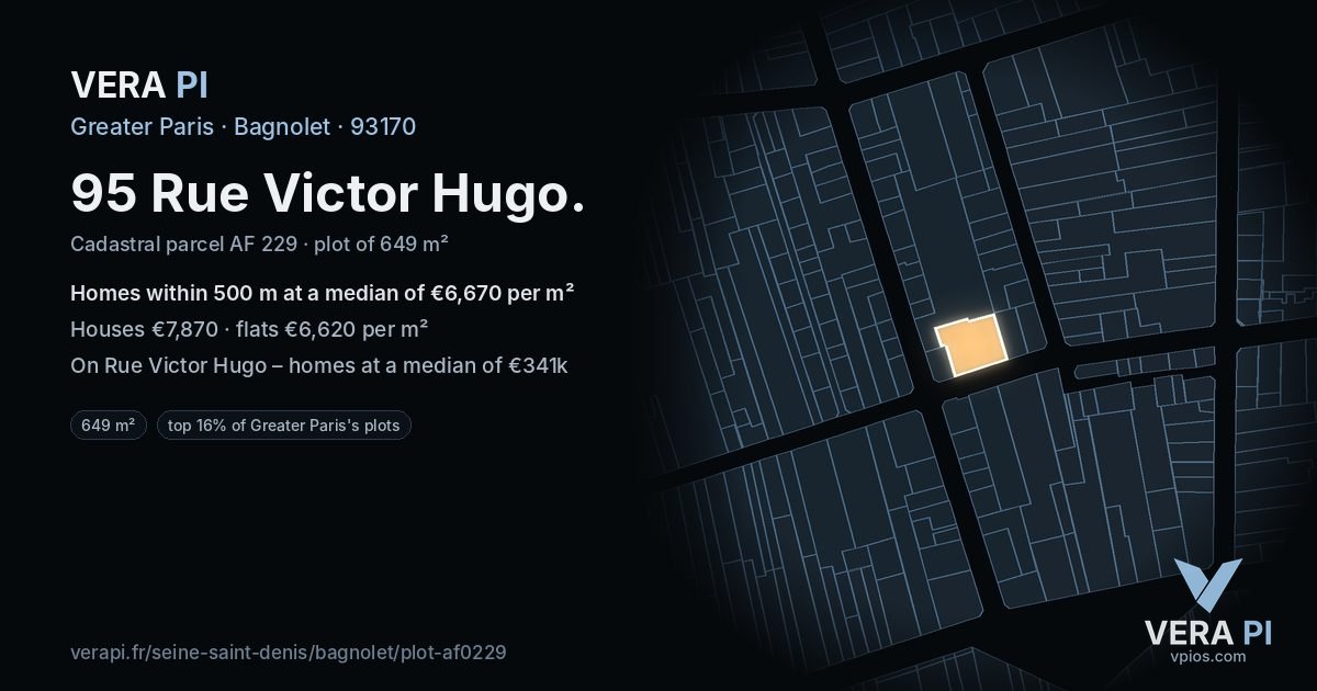 95 Rue Victor Hugo, Bagnolet at night – the plot lit, the parcels around coloured by the prices near them