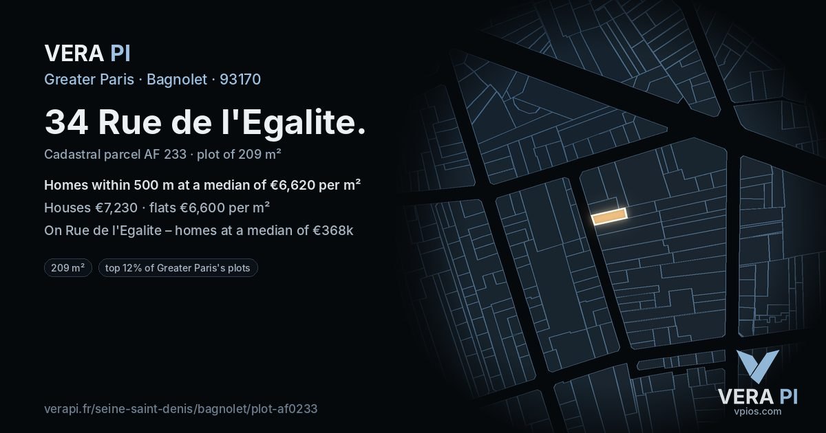 34 Rue de l'Egalite, Bagnolet at night – the plot lit, the parcels around coloured by the prices near them