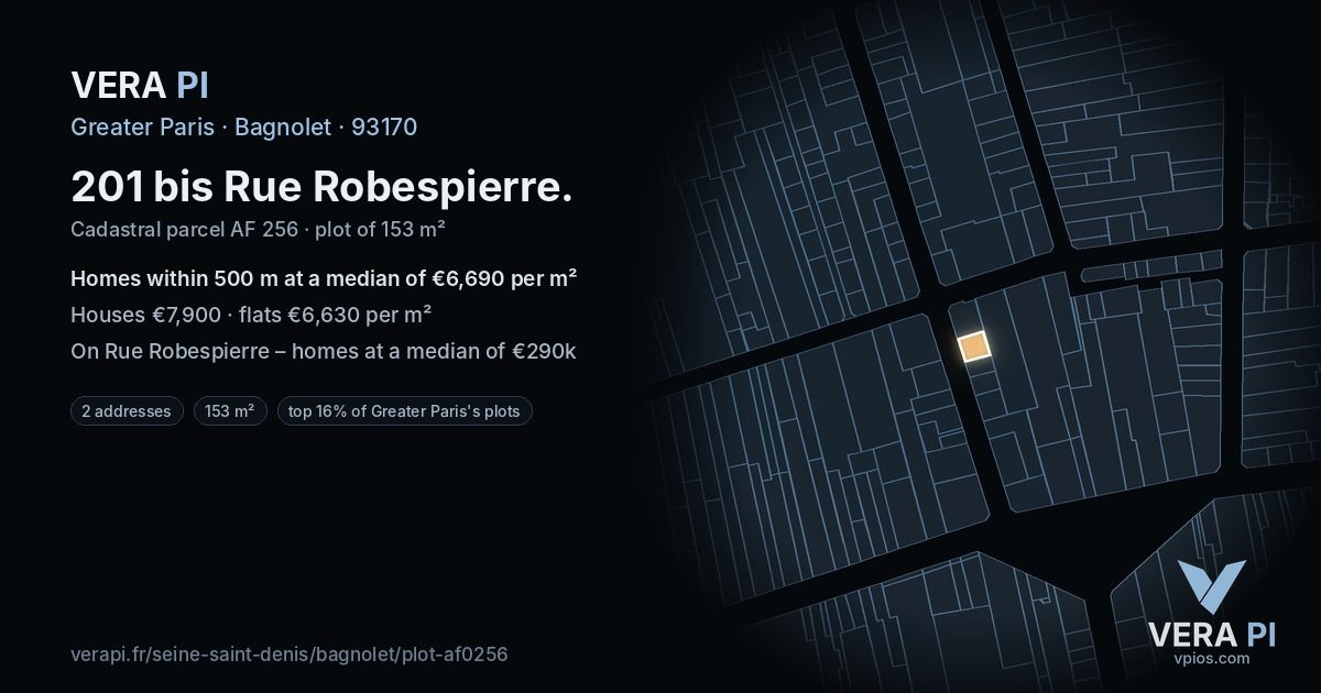 201 bis Rue Robespierre, Bagnolet at night – the plot lit, the parcels around coloured by the prices near them
