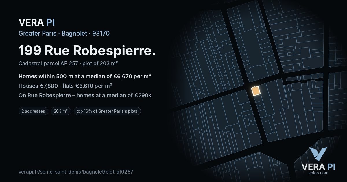 199 Rue Robespierre, Bagnolet at night – the plot lit, the parcels around coloured by the prices near them