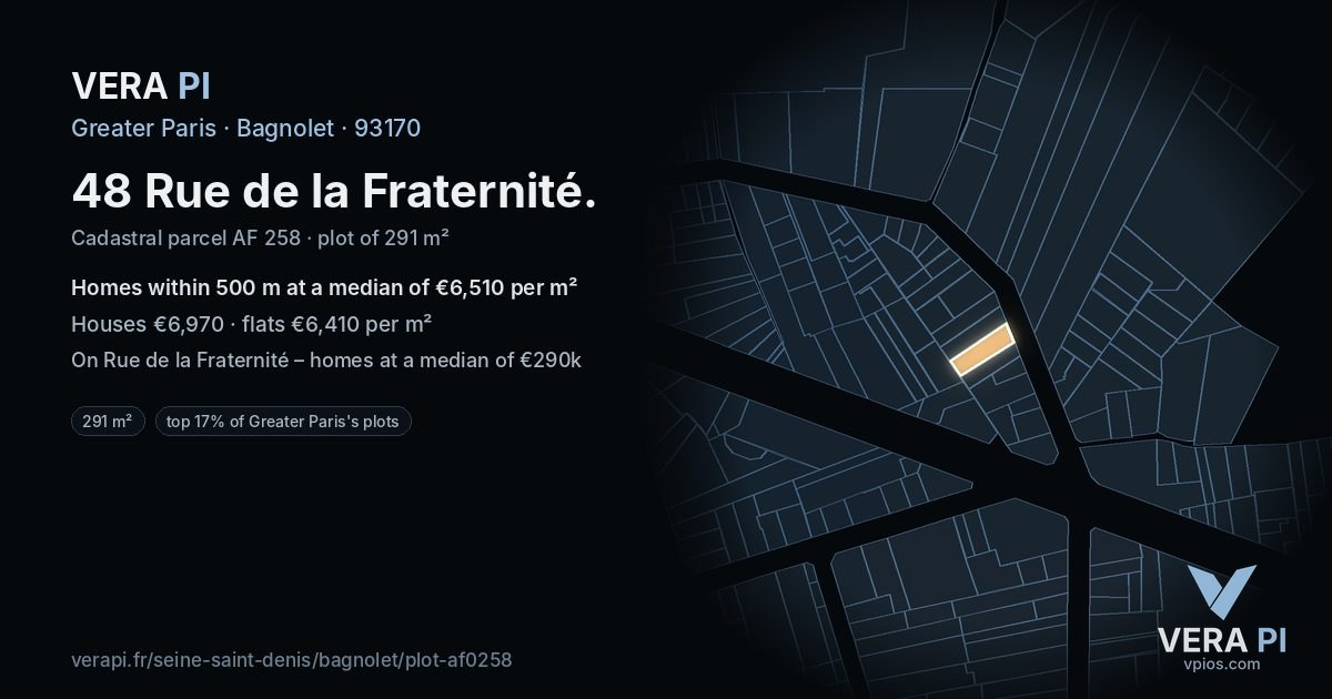 48 Rue de la Fraternité, Bagnolet at night – the plot lit, the parcels around coloured by the prices near them