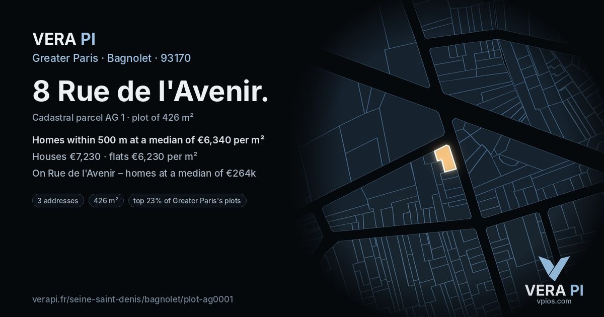 8 Rue de l'Avenir, Bagnolet at night – the plot lit, the parcels around coloured by the prices near them