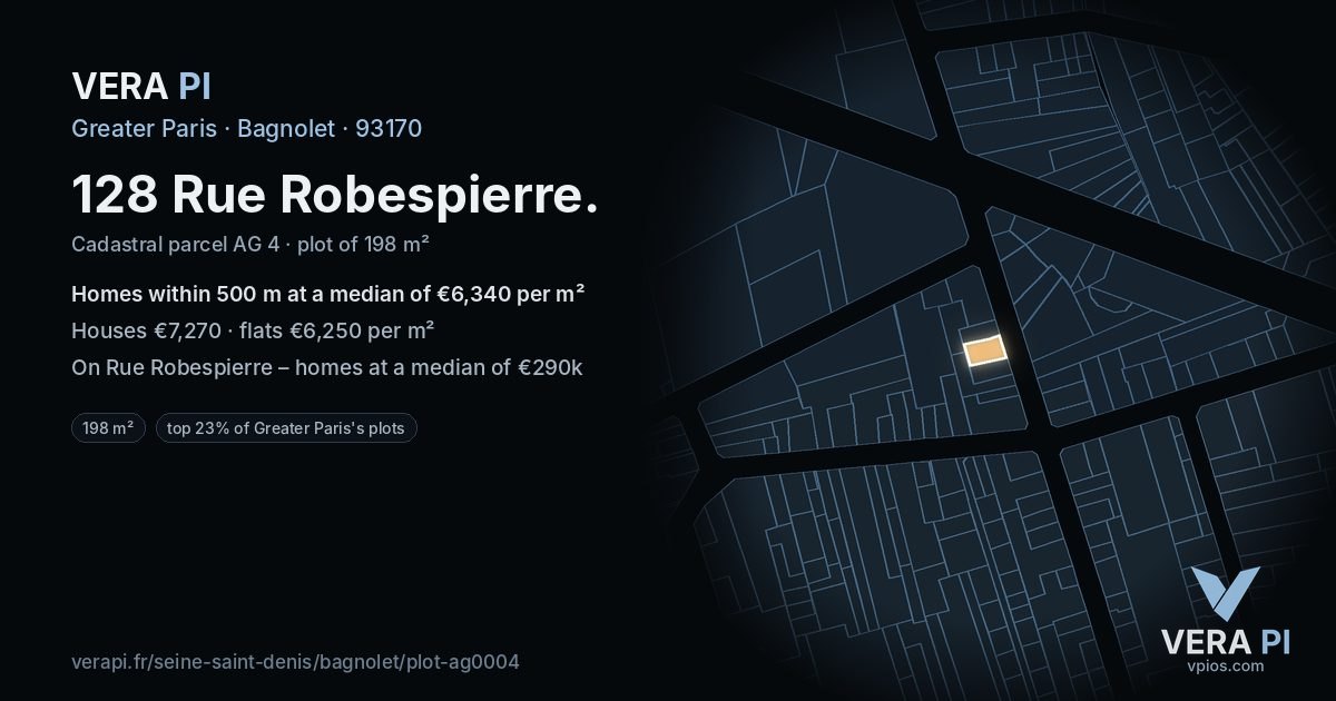 128 Rue Robespierre, Bagnolet at night – the plot lit, the parcels around coloured by the prices near them