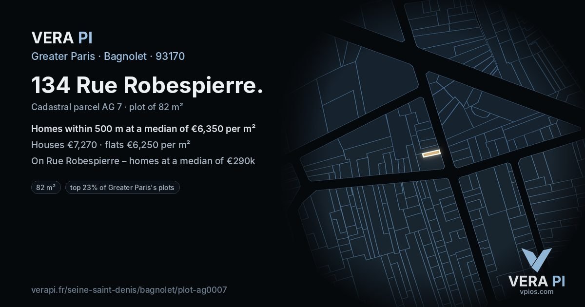 134 Rue Robespierre, Bagnolet at night – the plot lit, the parcels around coloured by the prices near them