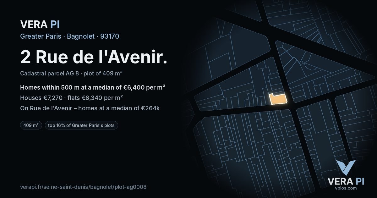 2 Rue de l'Avenir, Bagnolet at night – the plot lit, the parcels around coloured by the prices near them