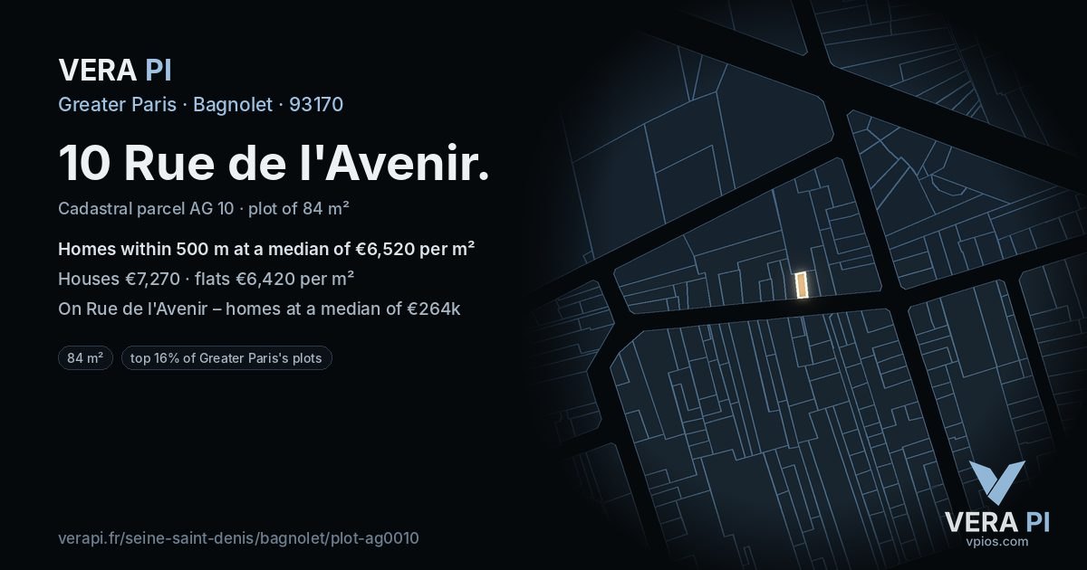 10 Rue de l'Avenir, Bagnolet at night – the plot lit, the parcels around coloured by the prices near them