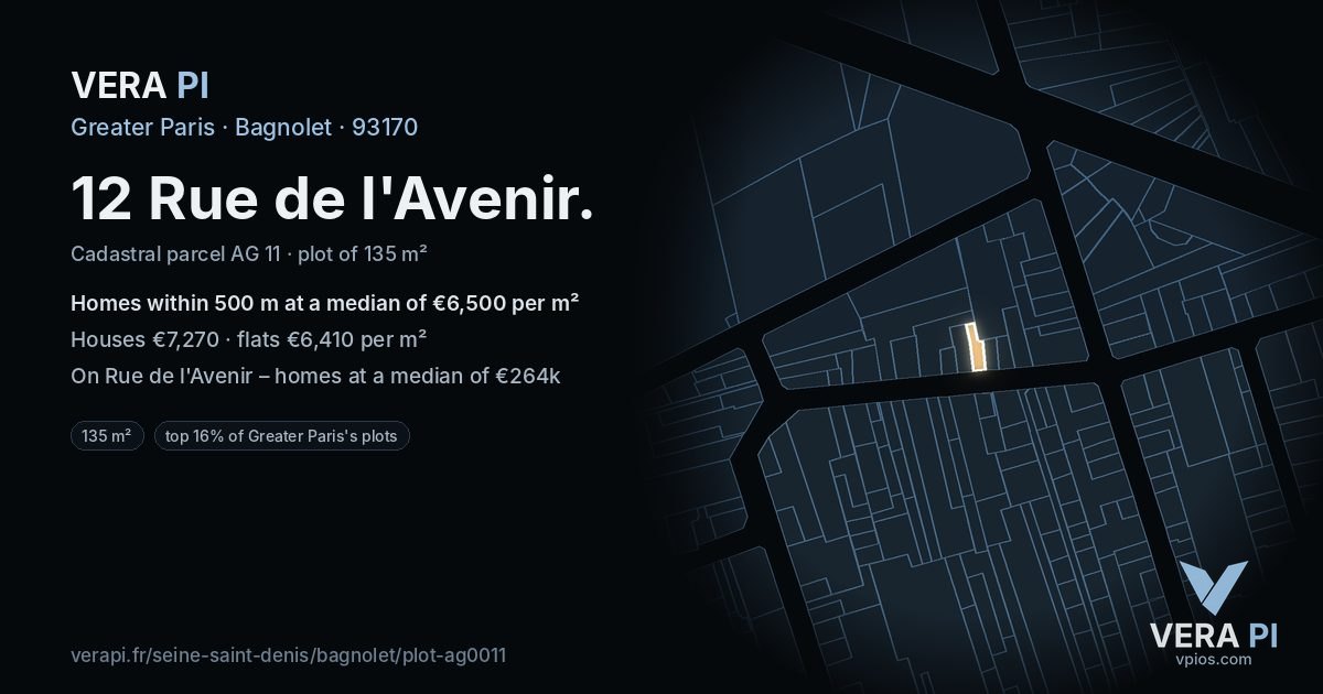 12 Rue de l'Avenir, Bagnolet at night – the plot lit, the parcels around coloured by the prices near them