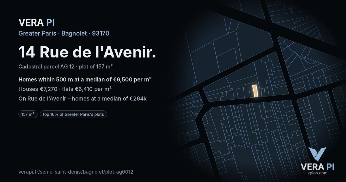 14 Rue de l'Avenir, Bagnolet at night – the plot lit, the parcels around coloured by the prices near them