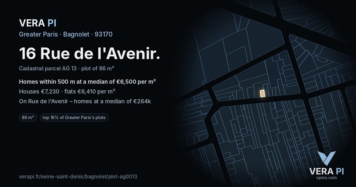 16 Rue de l'Avenir, Bagnolet at night – the plot lit, the parcels around coloured by the prices near them