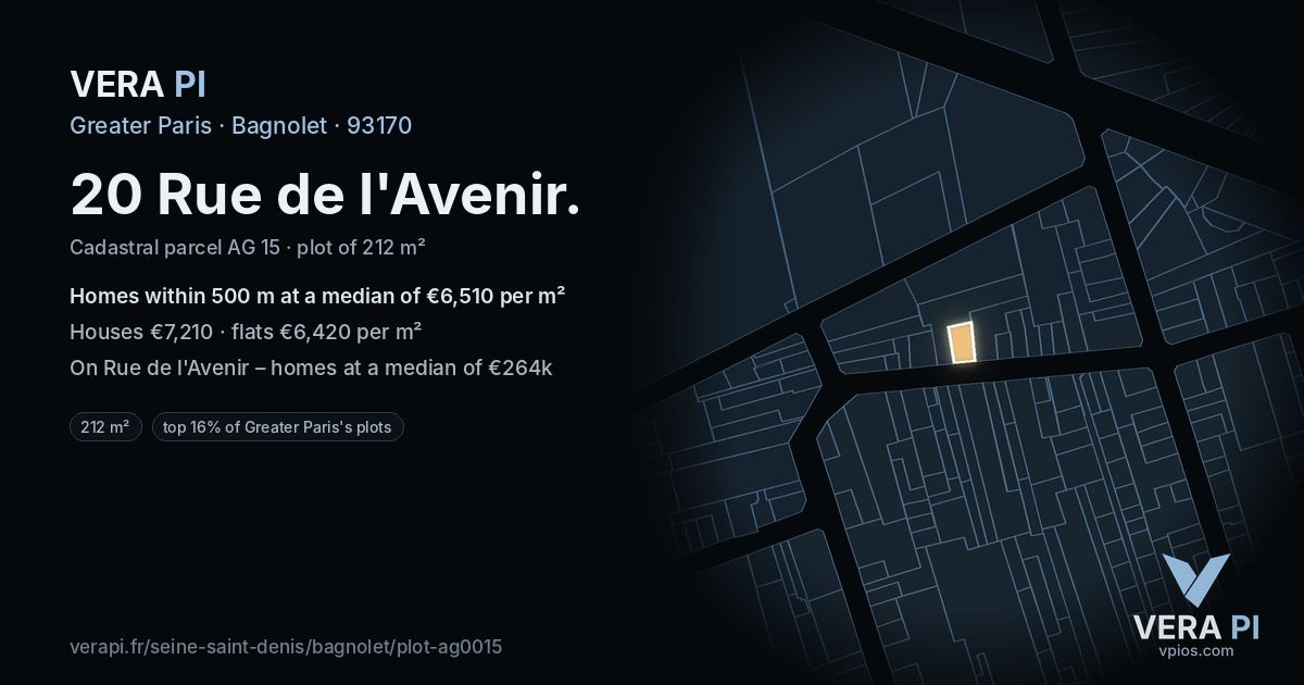 20 Rue de l'Avenir, Bagnolet at night – the plot lit, the parcels around coloured by the prices near them