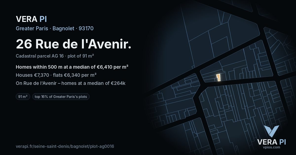 26 Rue de l'Avenir, Bagnolet at night – the plot lit, the parcels around coloured by the prices near them
