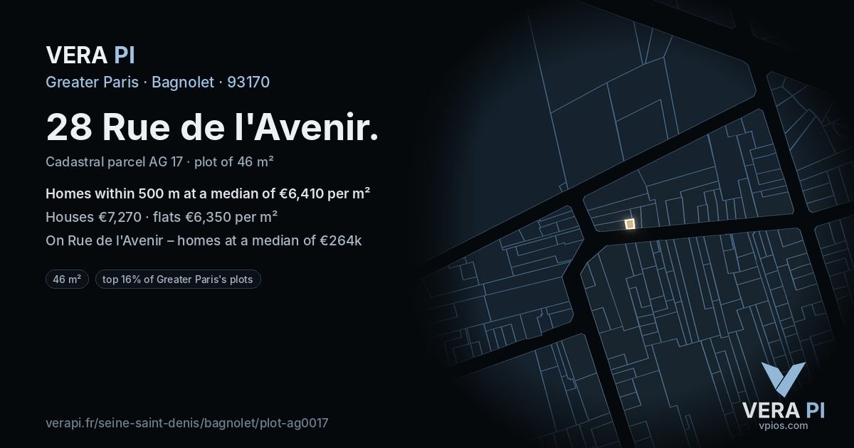28 Rue de l'Avenir, Bagnolet at night – the plot lit, the parcels around coloured by the prices near them