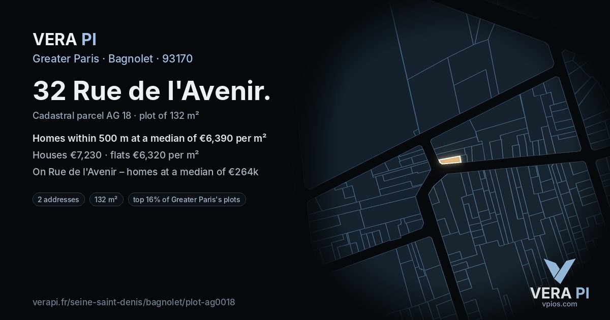 32 Rue de l'Avenir, Bagnolet at night – the plot lit, the parcels around coloured by the prices near them