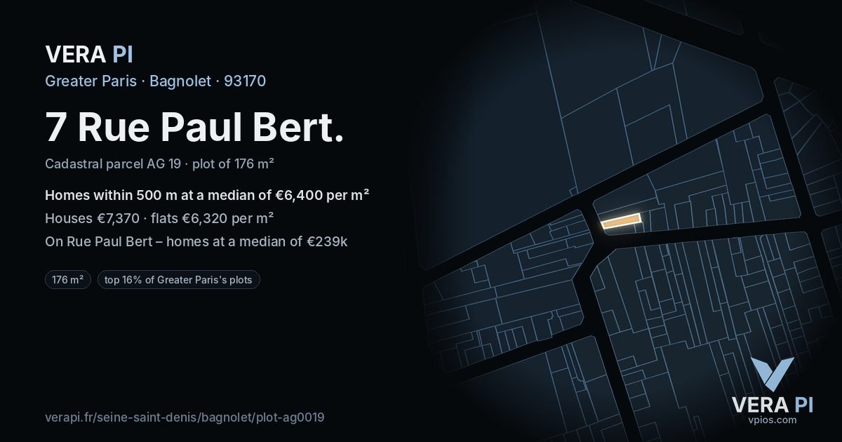 7 Rue Paul Bert, Bagnolet at night – the plot lit, the parcels around coloured by the prices near them
