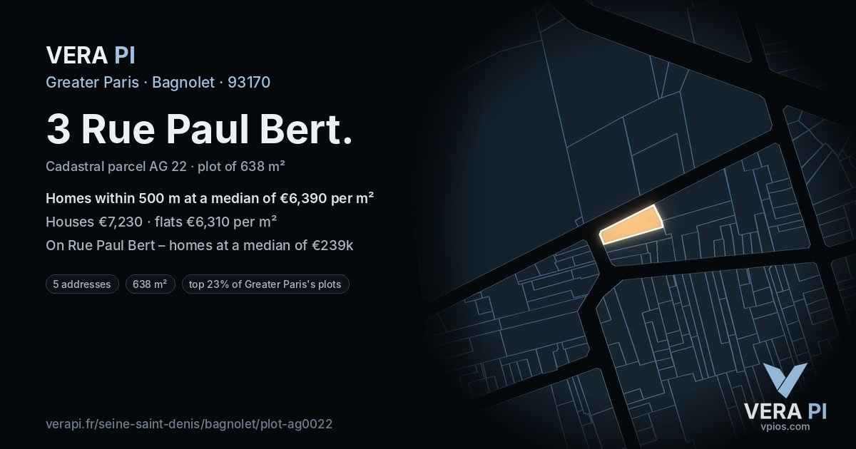3 Rue Paul Bert, Bagnolet at night – the plot lit, the parcels around coloured by the prices near them