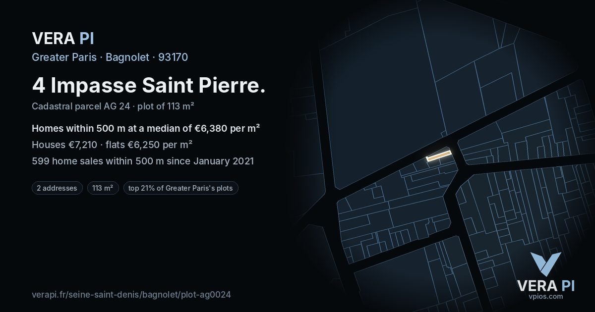 4 Impasse Saint Pierre, Bagnolet at night – the plot lit, the parcels around coloured by the prices near them