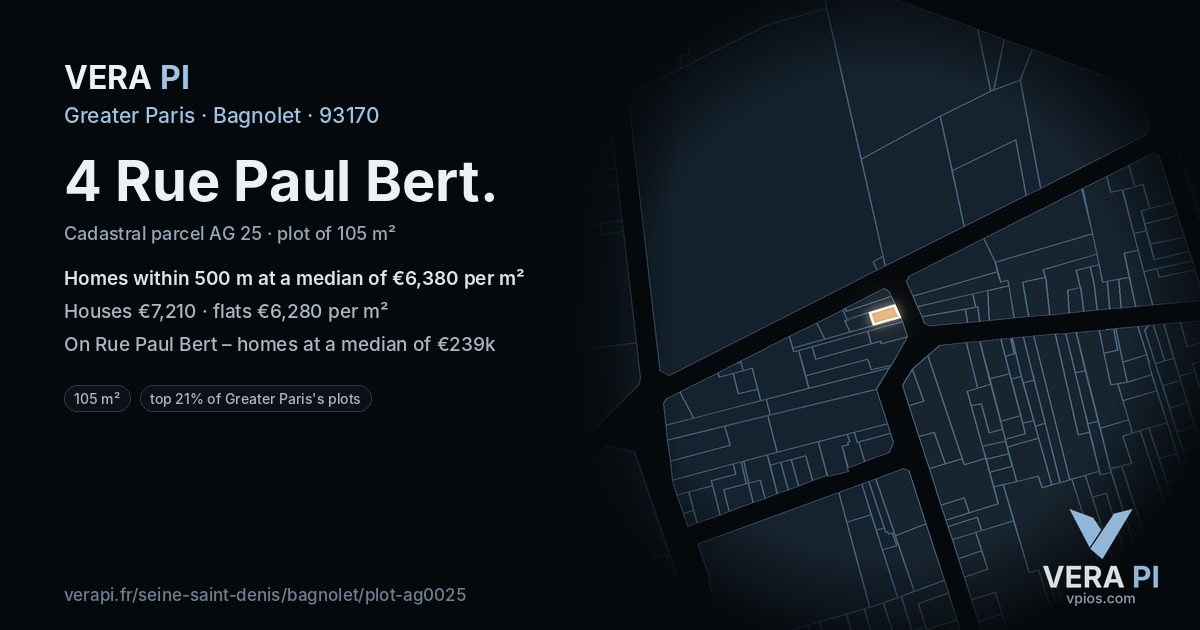 4 Rue Paul Bert, Bagnolet at night – the plot lit, the parcels around coloured by the prices near them