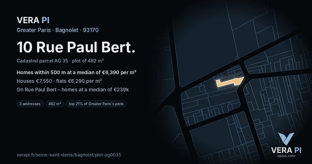 10 Rue Paul Bert, Bagnolet at night – the plot lit, the parcels around coloured by the prices near them