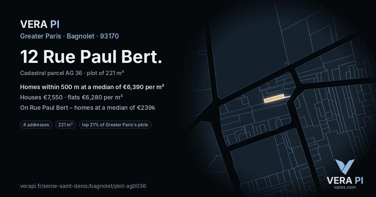 12 Rue Paul Bert, Bagnolet at night – the plot lit, the parcels around coloured by the prices near them