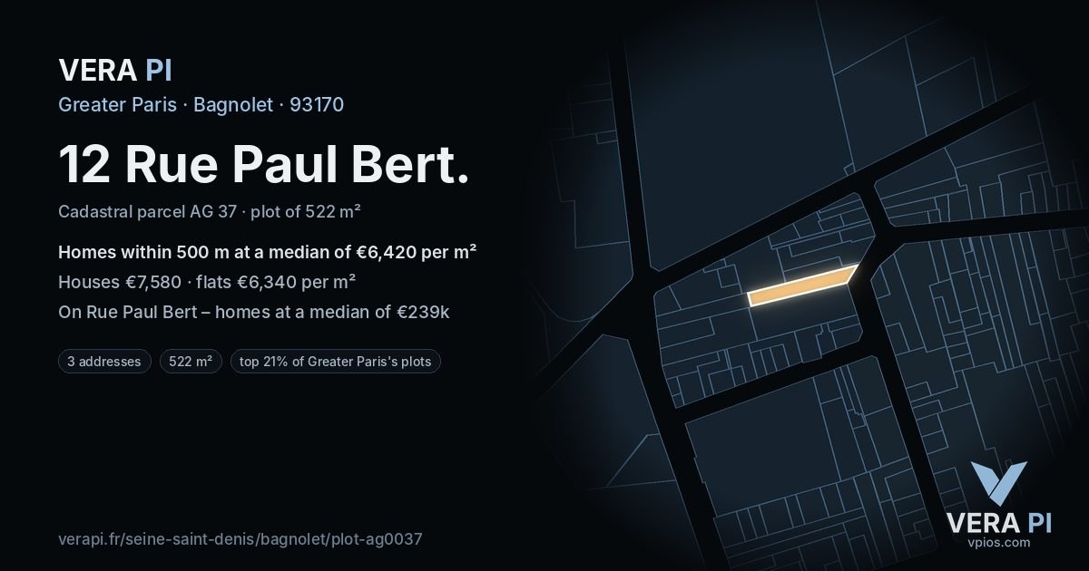 12 Rue Paul Bert, Bagnolet at night – the plot lit, the parcels around coloured by the prices near them