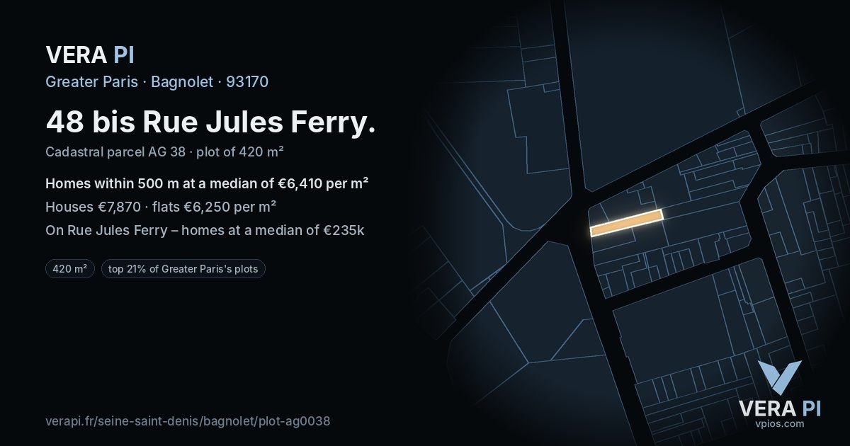 48 bis Rue Jules Ferry, Bagnolet at night – the plot lit, the parcels around coloured by the prices near them