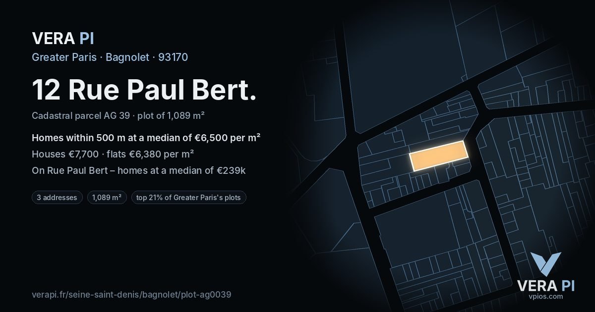 12 Rue Paul Bert, Bagnolet at night – the plot lit, the parcels around coloured by the prices near them