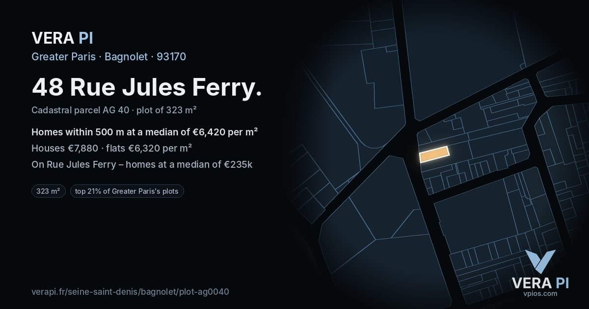 48 Rue Jules Ferry, Bagnolet at night – the plot lit, the parcels around coloured by the prices near them