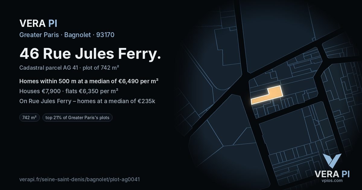 46 Rue Jules Ferry, Bagnolet at night – the plot lit, the parcels around coloured by the prices near them
