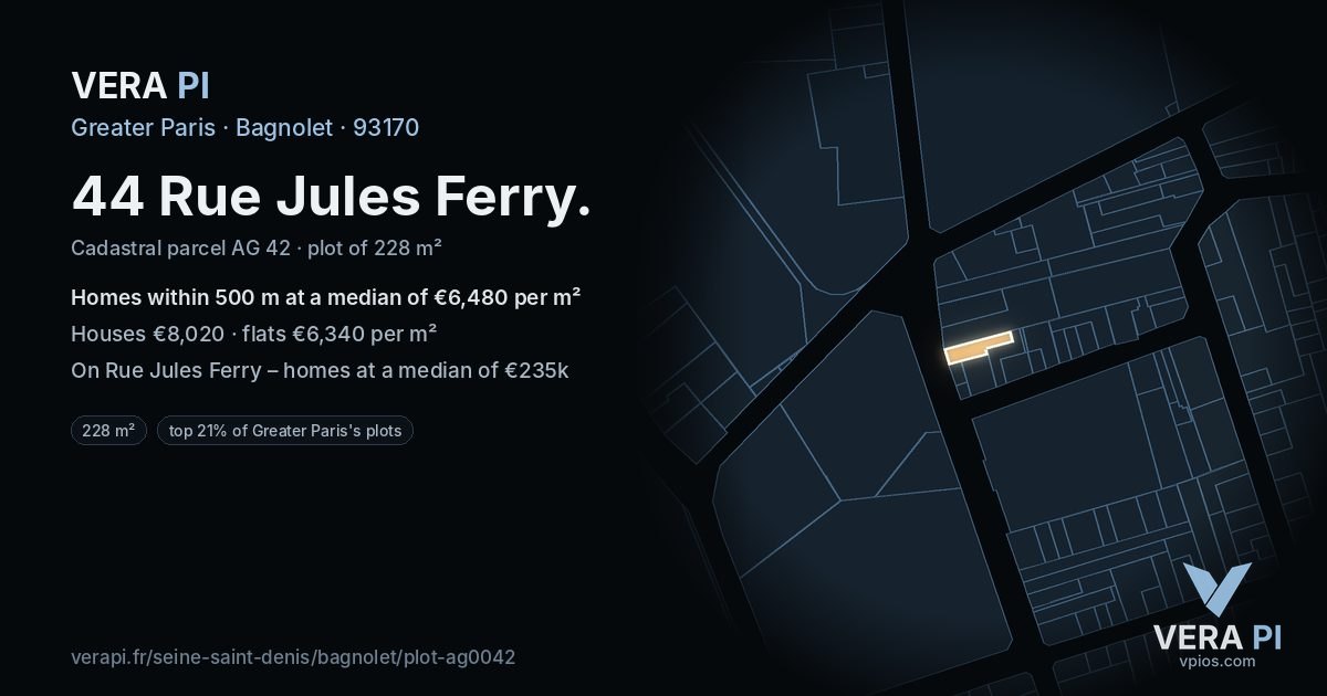 44 Rue Jules Ferry, Bagnolet at night – the plot lit, the parcels around coloured by the prices near them
